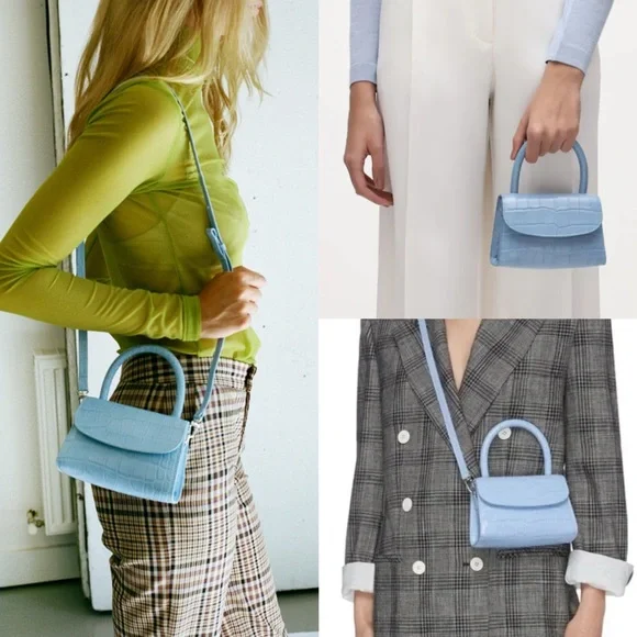 BY FAR Mini Sky Blue Croco Embossed Leather Bag